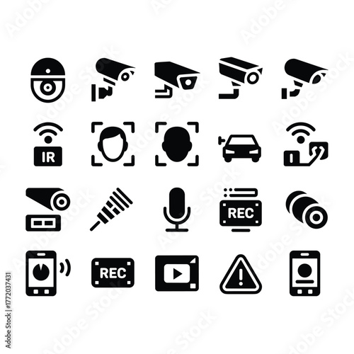 Security camera system icons surveillance cctv recording video monitoring and protection
