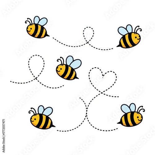 Cute Bees Flying with Dotted Paths Illustration on White Background.