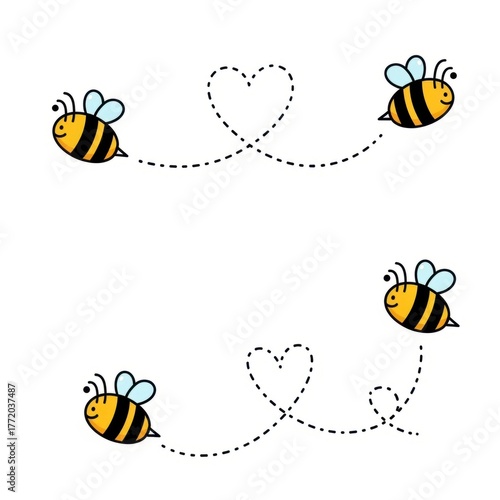 Cute Bees Flying with Heart Trails Illustration.
