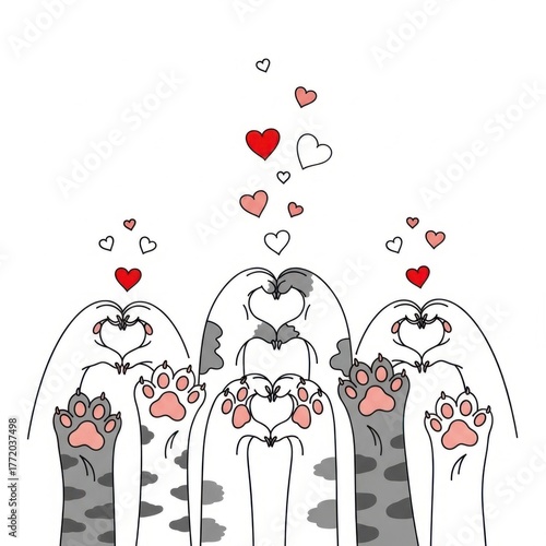 Cute Cats Making Heart Shapes with Paws and Hearts.