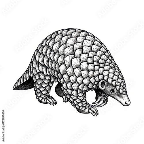 Detailed grayscale illustration of a pangolin with intricate scale patterns.