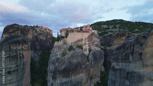 Sunrise Aerial View of Varlaam and Great Meteoron Monasteries in Meteora, Greece