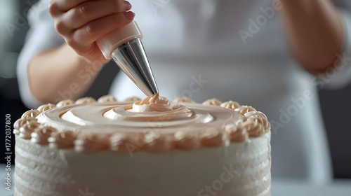 Young female cake designer decorating a cake with piping bag  ,sweet artistic professional design 