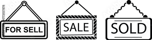 For Sell Sale Sold Board Vector – Hanging Sign Label Icons for Business and Promotion Design