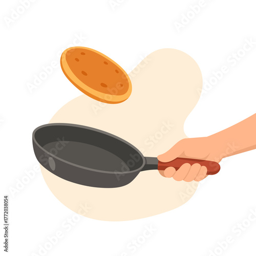 Fluffy pancake flipping in frying pan, breakfast pancake cooking scene symbolizing cozy morning, homemade food, and culinary creativity, perfect for kitchen, cafe, or recipe design projects.