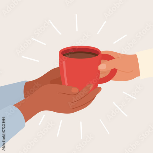 Hands passing red coffee mug with warmth and care, coffee sharing moment symbolizes kindness, connection, and friendship, evoking cozy morning emotions and human interaction.
