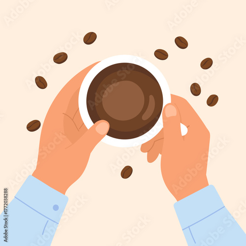 Man holding cup of coffee with relaxed confident vibe, coffee moment radiates warmth and focus, coffee aroma fills cozy morning space, symbol of comfort, energy, and mindfulness.