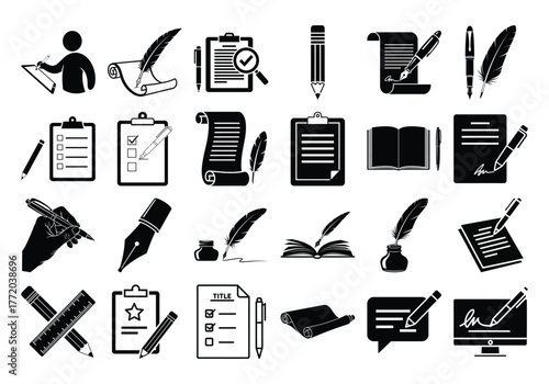 Set of black and white icons of writing tools vector illustration