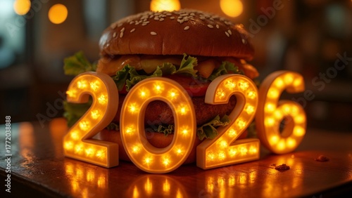 A close-up shot of a hamburger with the numbers 