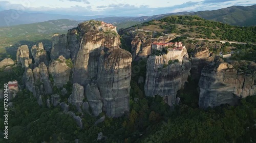 Sunrise Aerial View of Varlaam and Great Meteoron Monasteries in Meteora, Greece