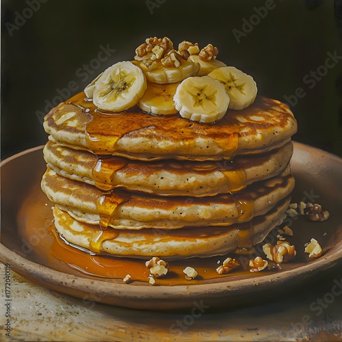 Stack of pancakes with banana slices, walnuts and honey on ceramic plate, delicious breakfast or brunch, close-up, rustic style