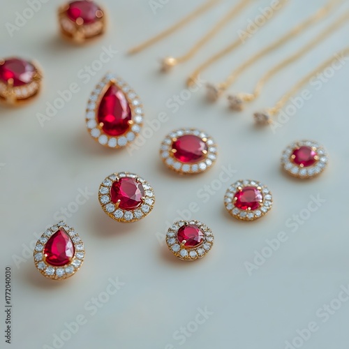 Pear-shaped ruby earrings with diamond halo, gold jewelry on marble background, luxury accessory, elegant fashion detail close-up, copy space