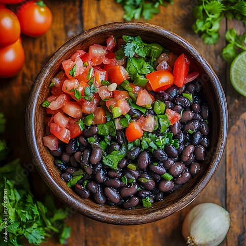 Black bean salad with fresh tomatoes, cilantro, lime, and onion in rustic wooden bowl, close-up, healthy vegan Mexican food