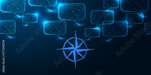 AI decision-making and navigation concept with digital compass and communication speech bubbles