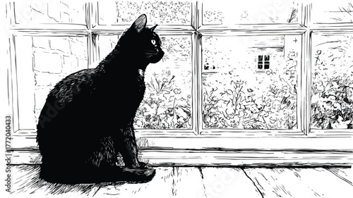 Charming Black and White Cat Drawing on Window Sill