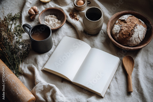 Rustic kitchen scene featuring an open blank notebook, a cup of coffee, fresh bread, and various baking ingredients arranged on a textured linen surface, inviting culinary creativity