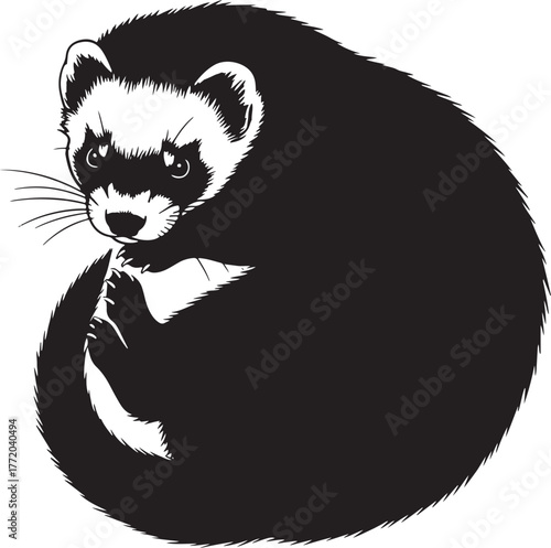 Adorable black footed ferret curled up looking curious and alert in high contrast monochrome