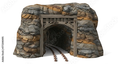 Realistic model train tunnel with tracks and rocky exterior.