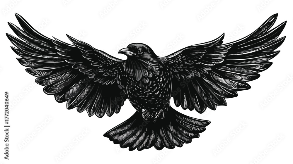 Fototapeta premium Elegant Black Bird with Black Wings in Monochrome