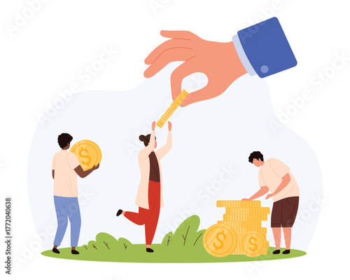 Cartoon people interact with large gold coins and a giant hand distributing money, symbolizing payment, finance, and economic support in a flat isolated vector illustration