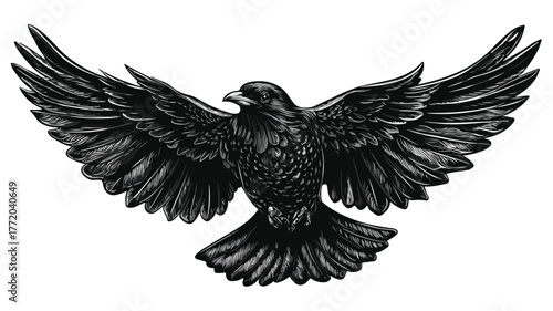Elegant Black Bird with Black Wings in Monochrome