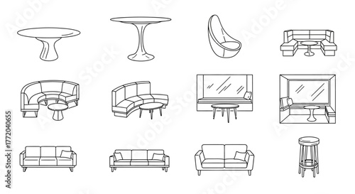 furniture layout plan showcasing various sofa arrangements tables and stool designs ideal for interior design projects and space planning visualizations.