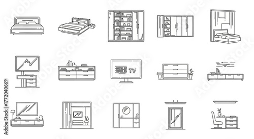 furniture line art illustrating modern home decor showcasing beds cabinets and tv units for interior design inspiration and creating comfortable spaces