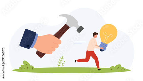 Man running with light bulb chased by large hand holding hammer symbolizing business risk, threat to innovation, creative danger, flat style isolated vector illustration