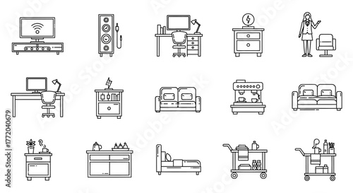 furniture icons home and office elements illustrating interior design concepts for website decoration and modern living line art style