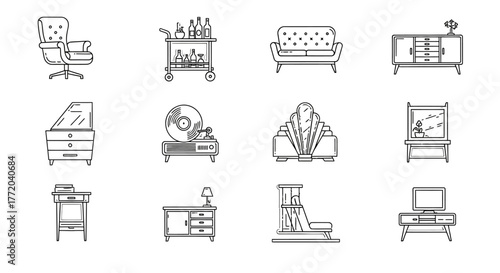 furniture icons including armchairs sofas and tables arranged in a line style for interior decoration perfect for design projects and branding.