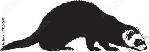 Silhouetted ferret in profile curious pose exploring its environment naturalistic animal representation detailed fur texture