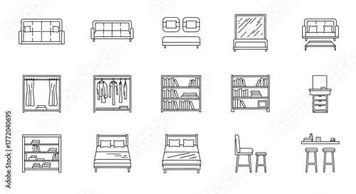 furniture icons living room bedroom furnishing line drawing design interior decoration for design projects architecture home decor and renovation
