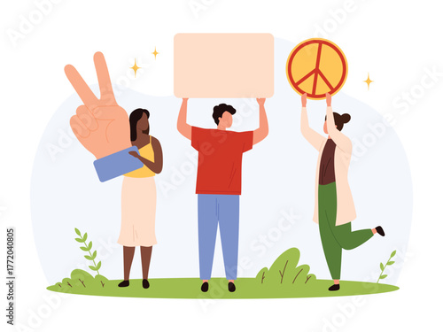 Group of diverse people holding peace sign, blank placard, and making victory gesture, symbolizing harmony, anti-war message, and social activism isolated vector illustration