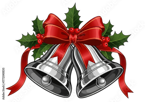 Silver Christmas bells with a large red bow and holly leaves.