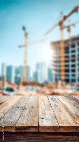 Wallpaper Mural Wooden table foreground with blurred construction site and cranes background Torontodigital.ca