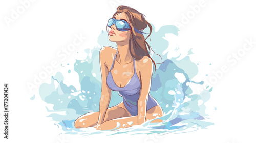 Cute Cartoon Girl Swimsuit Goggles Sitting Poolside Fun Summer Illustration