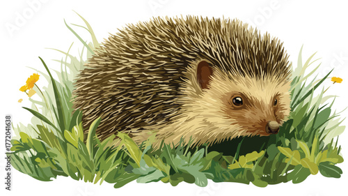 Cute Hedgehog Exploring Vibrant Grass with Outlines Vector Illustration