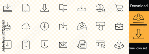 Upload and Download linear icon collection. Containing arrow, link, folder, download file, cloud storage