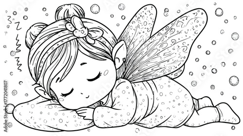 Cute Sleeping Kawaii Fairy with Sparkling Wings - Adorable and Dreamy Fantasy Character Illustration
