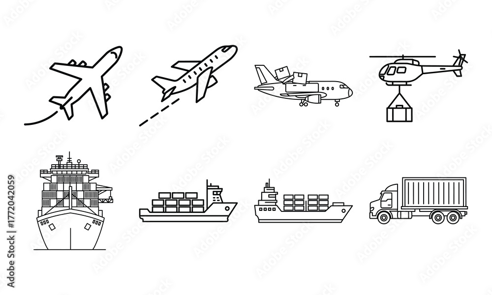 Obraz premium Global logistics and shipping transportation icons set outline style illustration