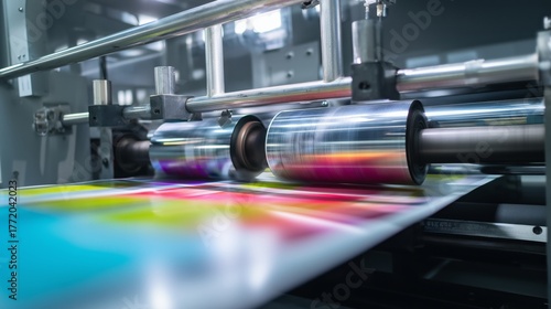 High-Quality Printing Process Depicted Through Close-Up of Colorful Sheet Passing Through Modern Print Machinery