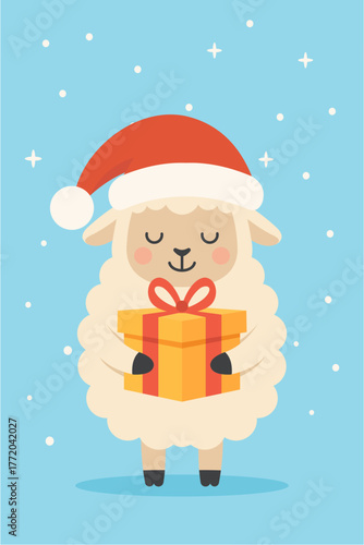 Cute Christmas Sheep Holding Gift Box in Modern Flat Design