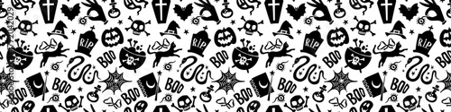 Halloween Vector Seamless Pattern with Bat and Bones. Cartoon Cat, Skull, Cauldron, Pumpkin. Silhouette Isolated on Transparent Background. Black and White Festive Design for Wallpaper and Party Decor
