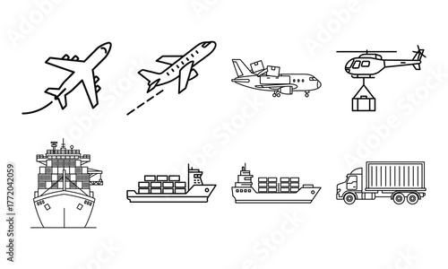 Global logistics and shipping transportation icons set outline style illustration