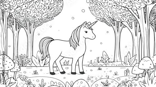 Adorable Kawaii Unicorn Coloring Page in Enchanted Forest for Creative Designs