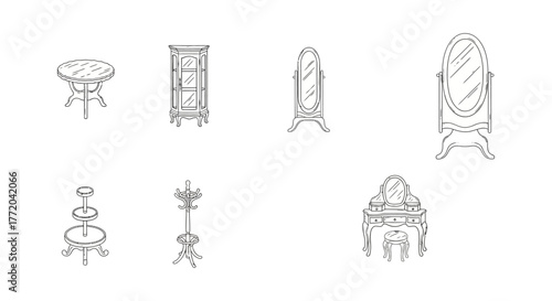 furniture sketch vintage tables cabinets mirrors and coat racks furniture concept perfect for antique stores and design portfolios.