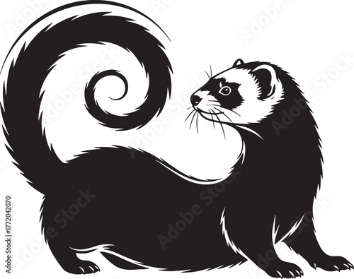 Artistic silhouette of a ferret with a swirling tail detailed outline for creative projects and animal art