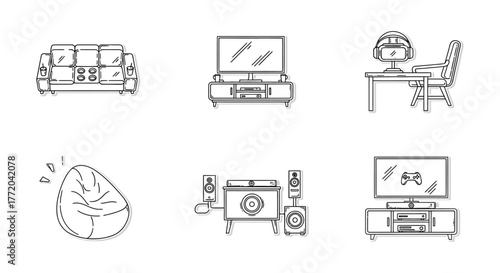 gaming setup illustration couch tv gaming chair speakers and beanbag create a cozy gaming space for entertainment ideal for gaming blogs.