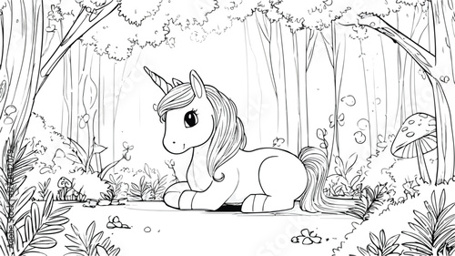 Adorable Kawaii Unicorn Coloring Page in Enchanted Forest for Relaxation and Fun