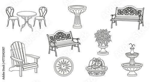 garden furniture outdoor seating arranged beautifully with a bench table chairs and fountain perfect for illustrating landscaping and relaxation.